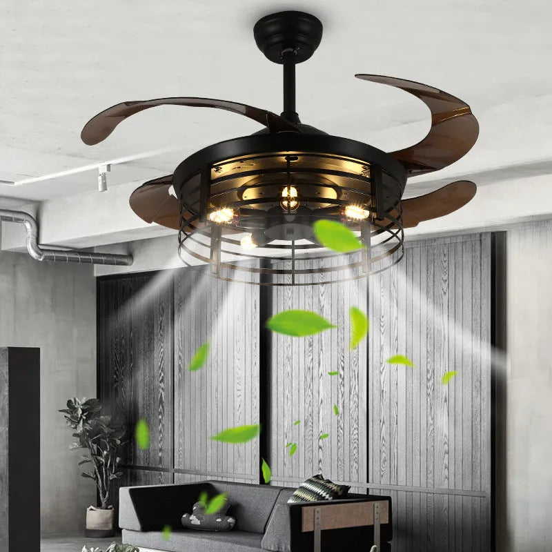 American retro-style ceiling fan lamp with retracted acrylic blades and integrated light shade, remote control on table.