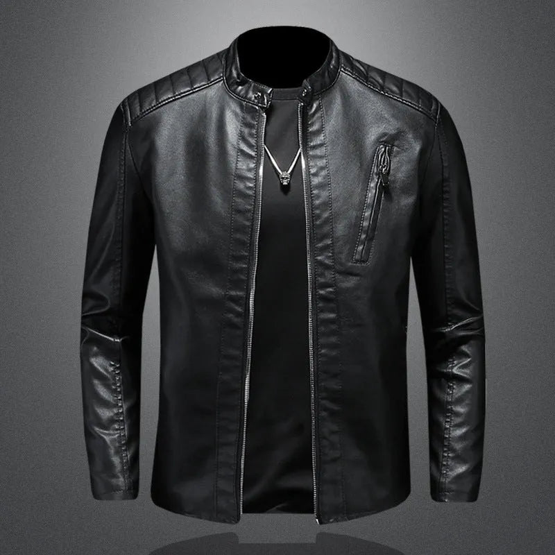 Plus size men's PU leather jacket with stand collar and zippered pockets in black