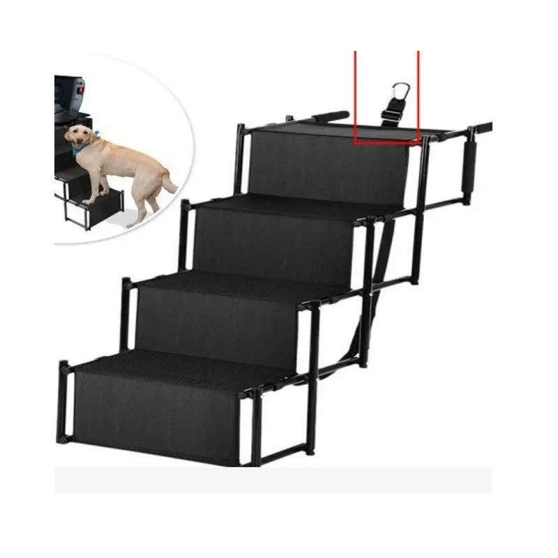 Folding stainless steel dog ladder ramp in navy blue, shown extended next to a car.