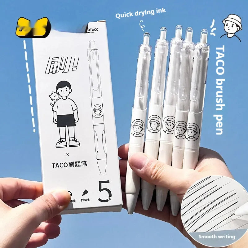 Five white ballpoint pens with 0.5mm tips and black quick-drying ink, laid side by side.