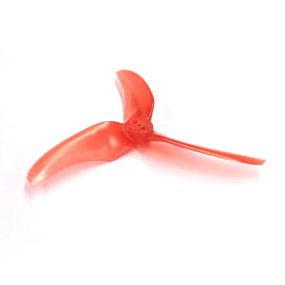 Four red plastic machete screw paddle blades, 90mm diameter, 2.8in pitch, on white background