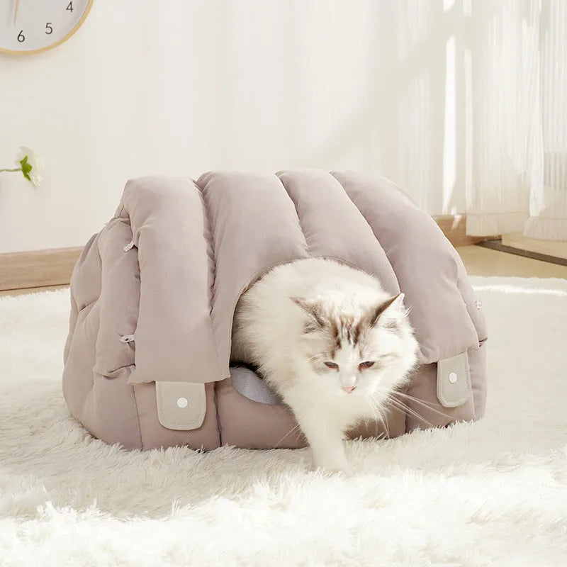 Grey and green dual-purpose arched pet nest showing both enclosed and sofa-style configurations for cats and dogs