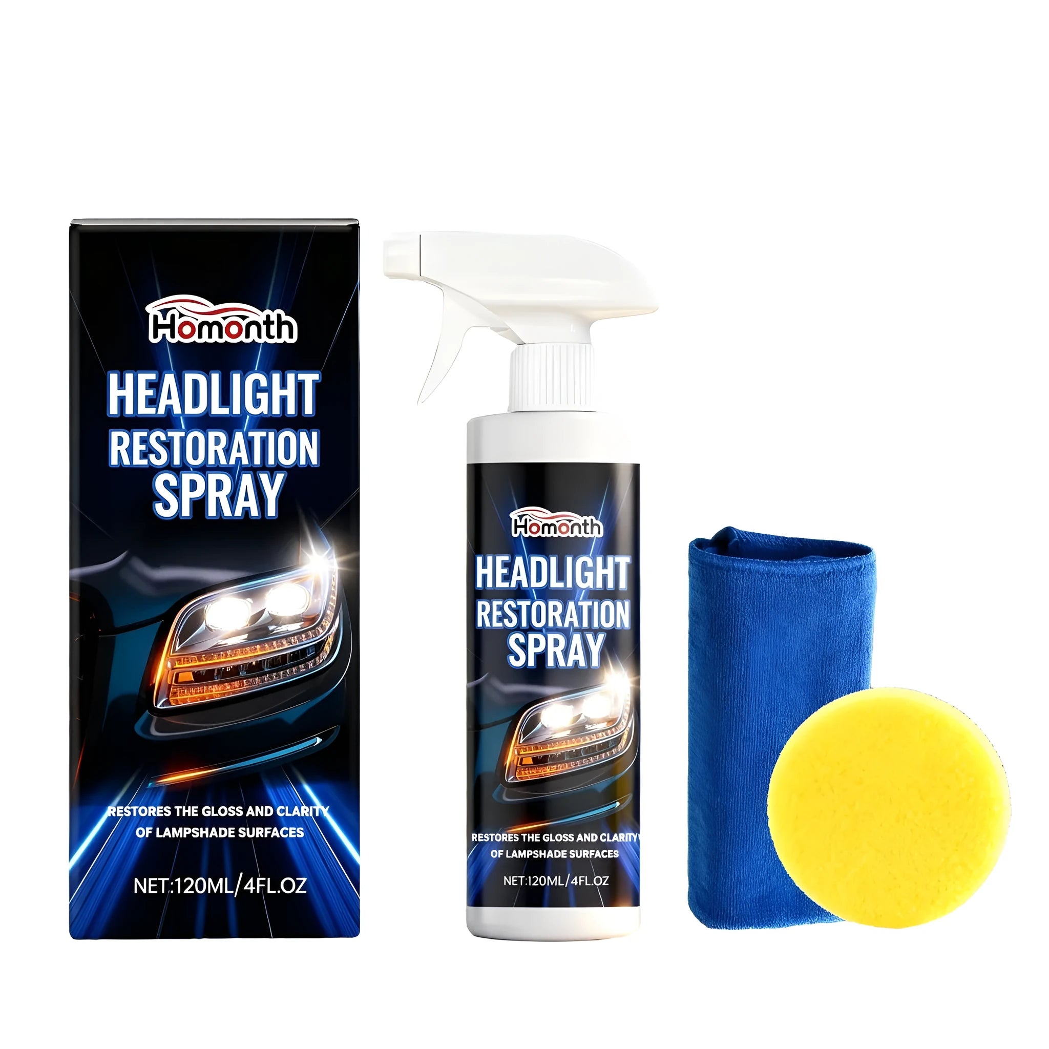 HOMONTH 120ml headlight restoration spray bottle with sponge and towel for car headlight cleaning.