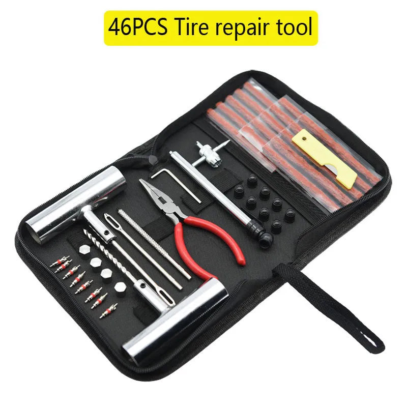 A cloth bag containing a 43-piece tire repair kit with 45 steel tools for puncture repairs.