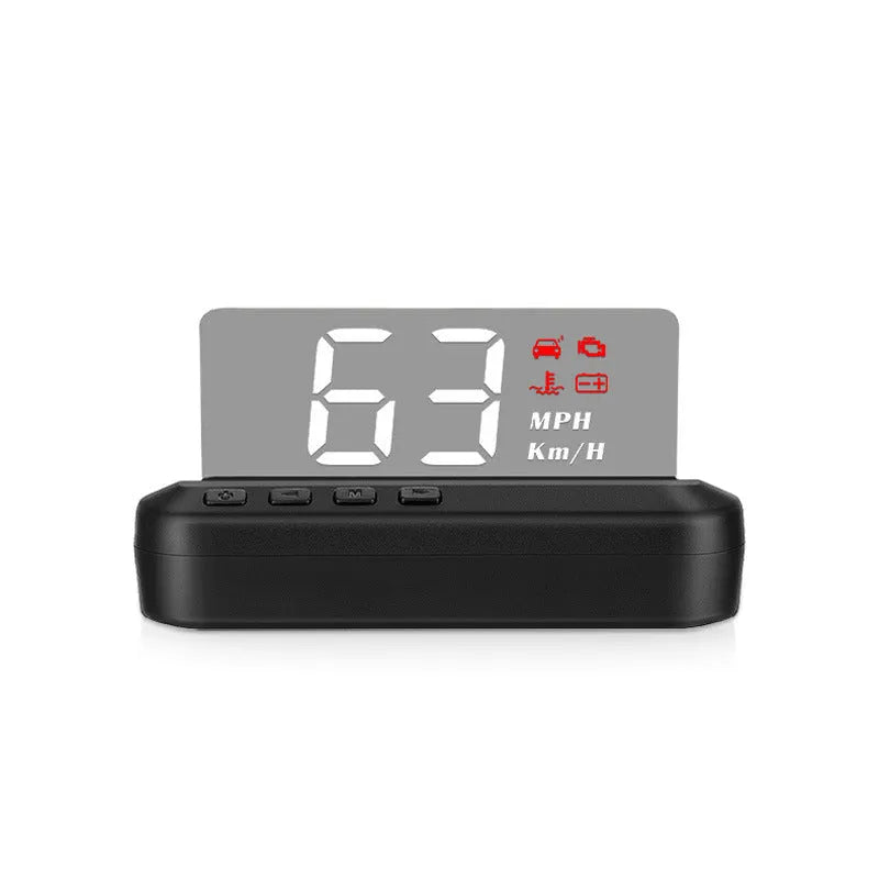 Black car head-up display unit on a dashboard, showing a projected speed readout on the windscreen.