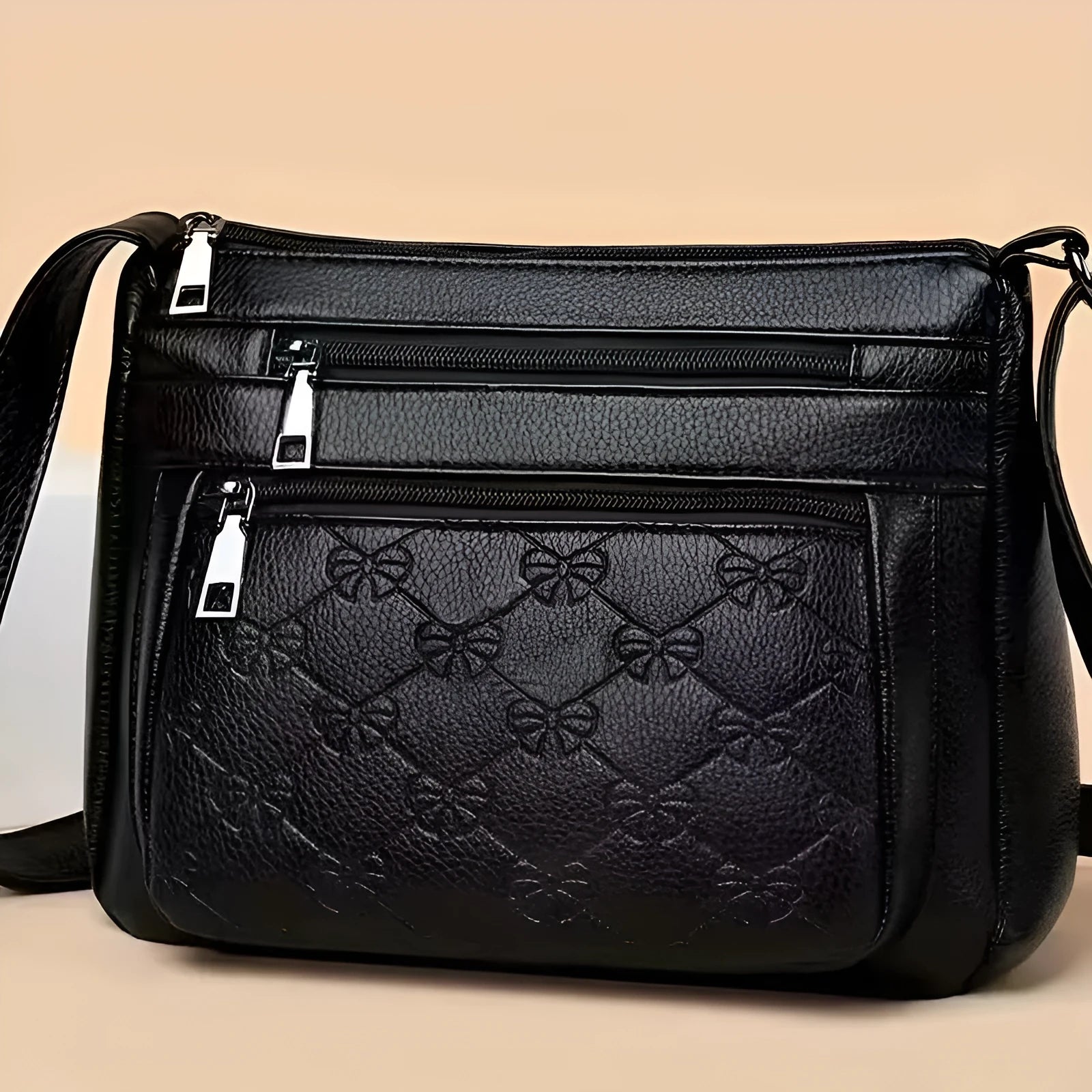 Butterfly Black women's PU shoulder messenger bag with crossbody strap and embossed details.