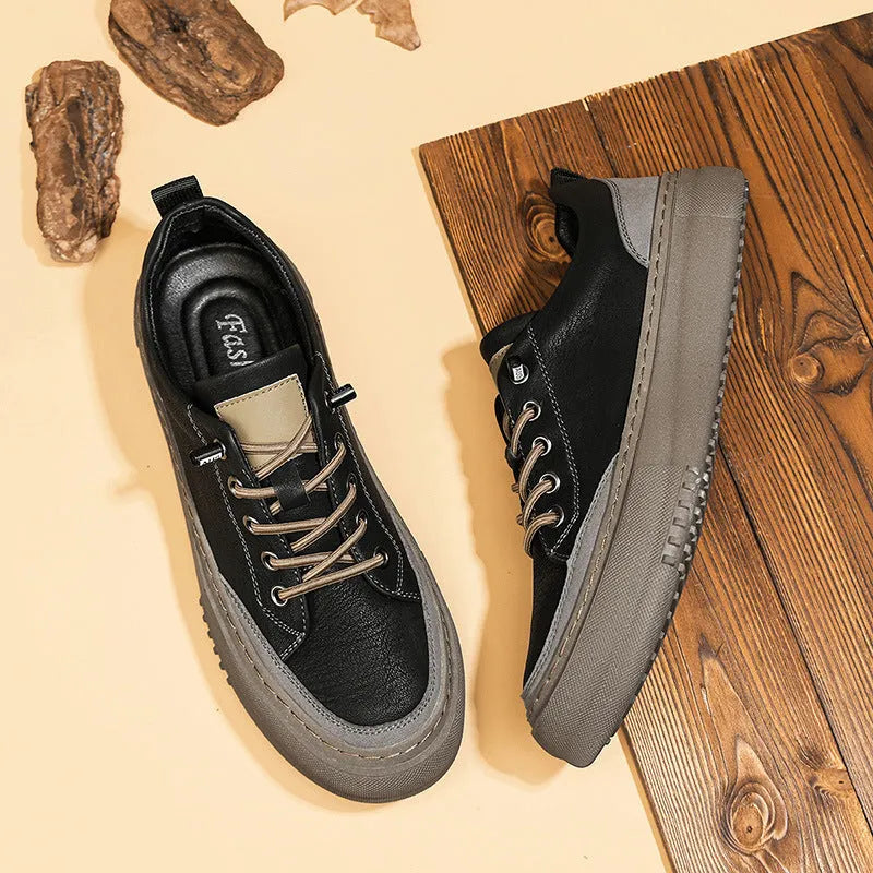 British round toe men's leather shoes in black or khaki with microfiber upper and rubber sole