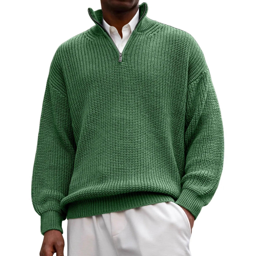 Men's half zip polo neck sweater, long sleeve loose fit pullover in black, gray, navy blue, green, brick red, army green, blue or brown