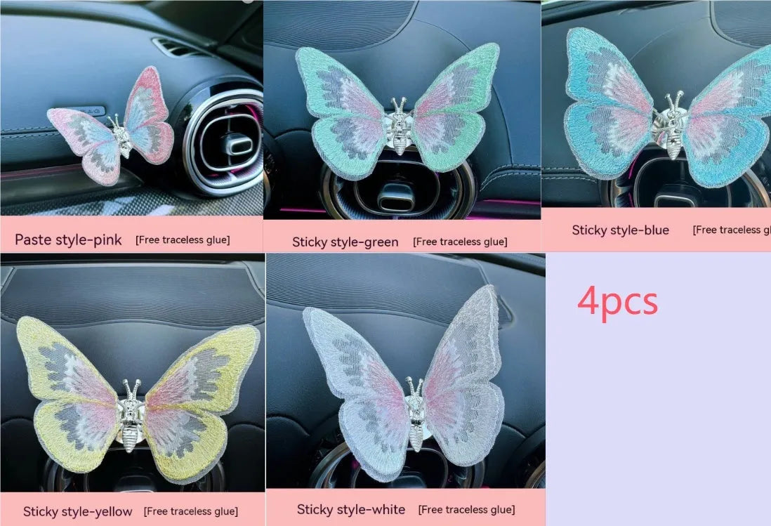 Moving embroidery butterfly fabric car centre console air vent decoration in multiple colour options