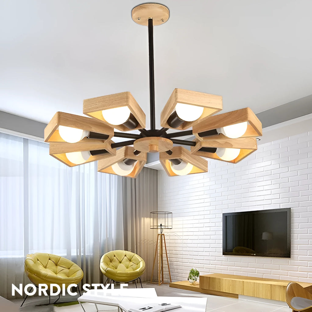 Nordic creative solid wood art chandelier in black finish with multiple heads for bedroom dining room