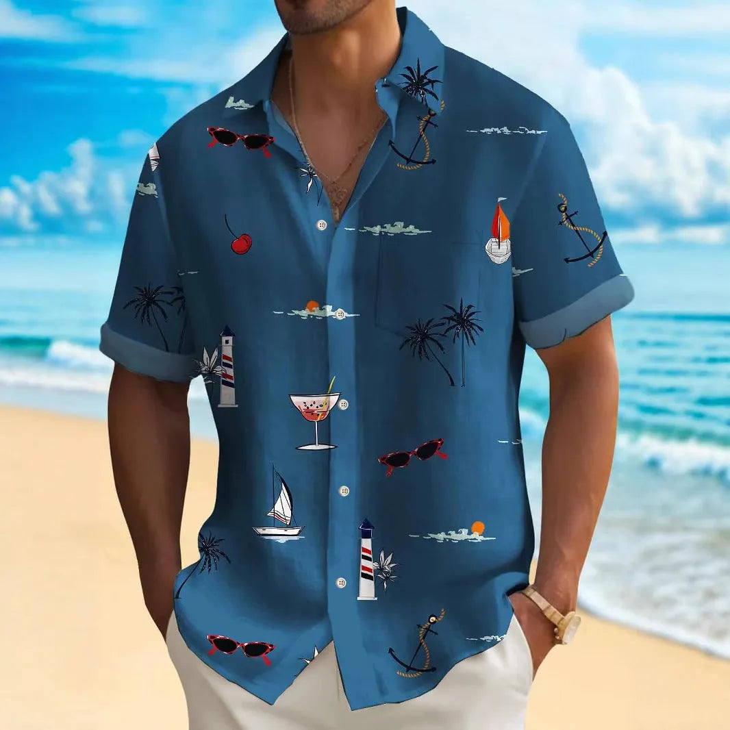 Man wearing a loose-fit short-sleeve Hawaiian shirt with a digital print pattern.