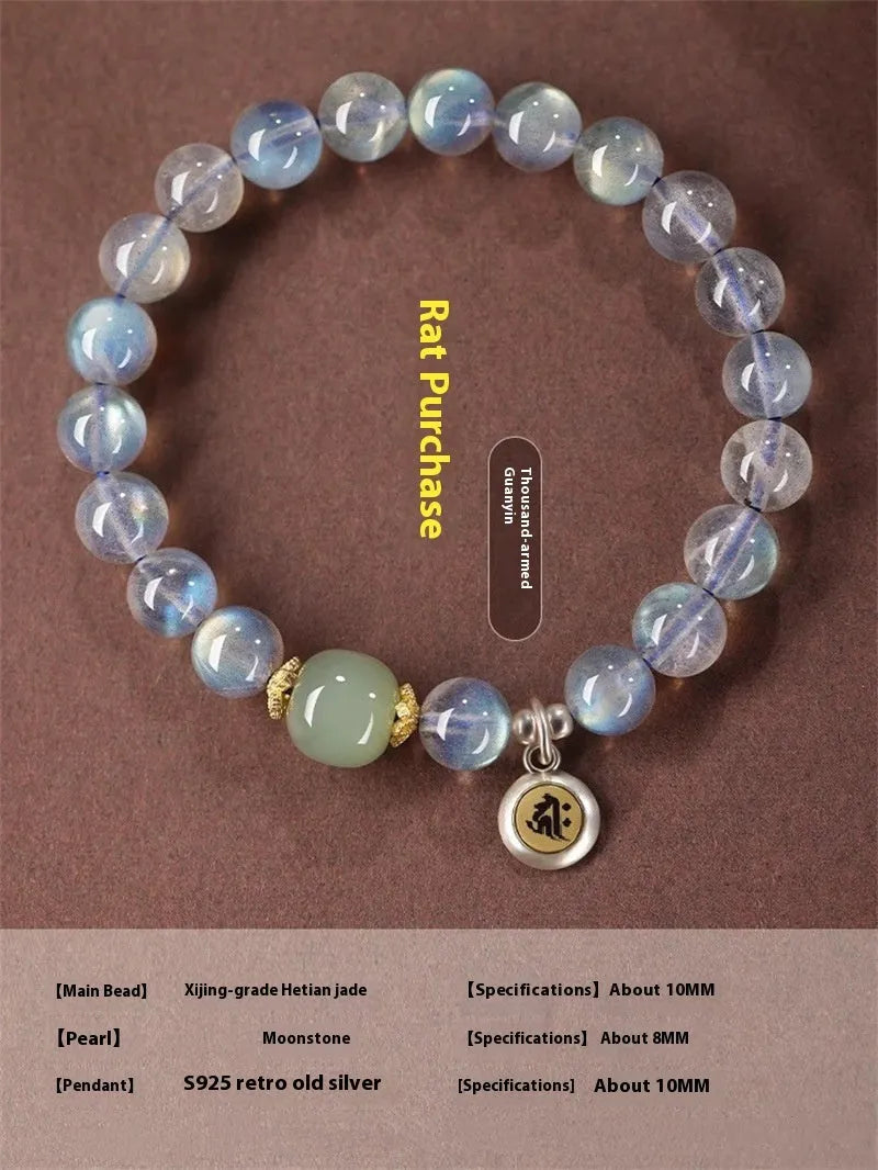 8mm moonstone women's bracelet with Thousand-Hand Kwan-yin mouse zodiac design and electroplated finish