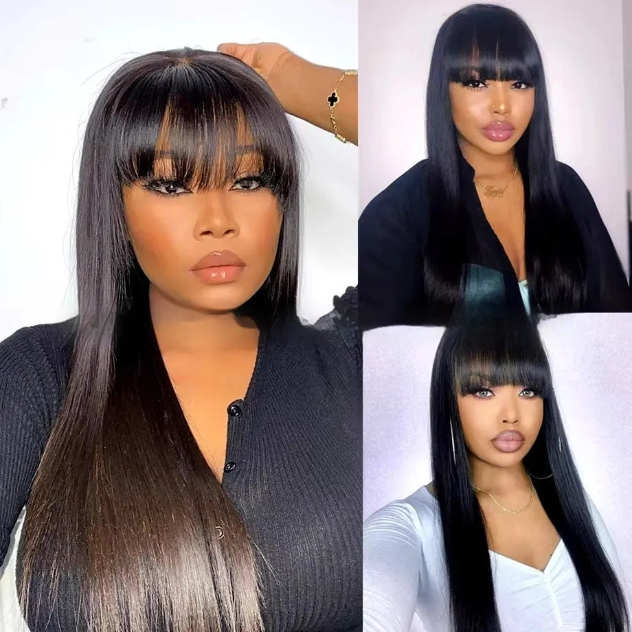 Natural colour human hair wig with straight fringe and full-mechanism headgear on display