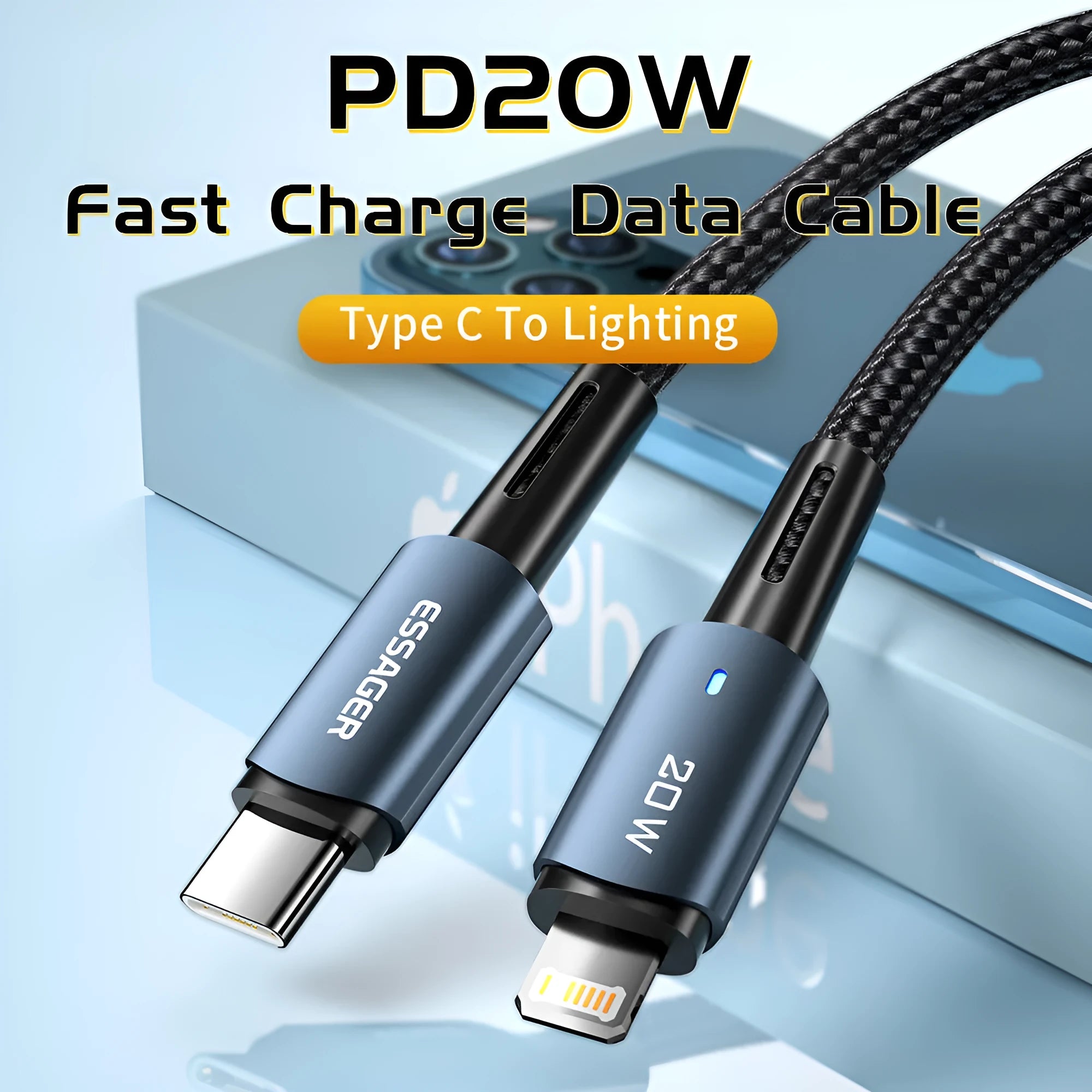 USB-C to Lightning fast charging cable with aluminium alloy connectors in black, showing length options.