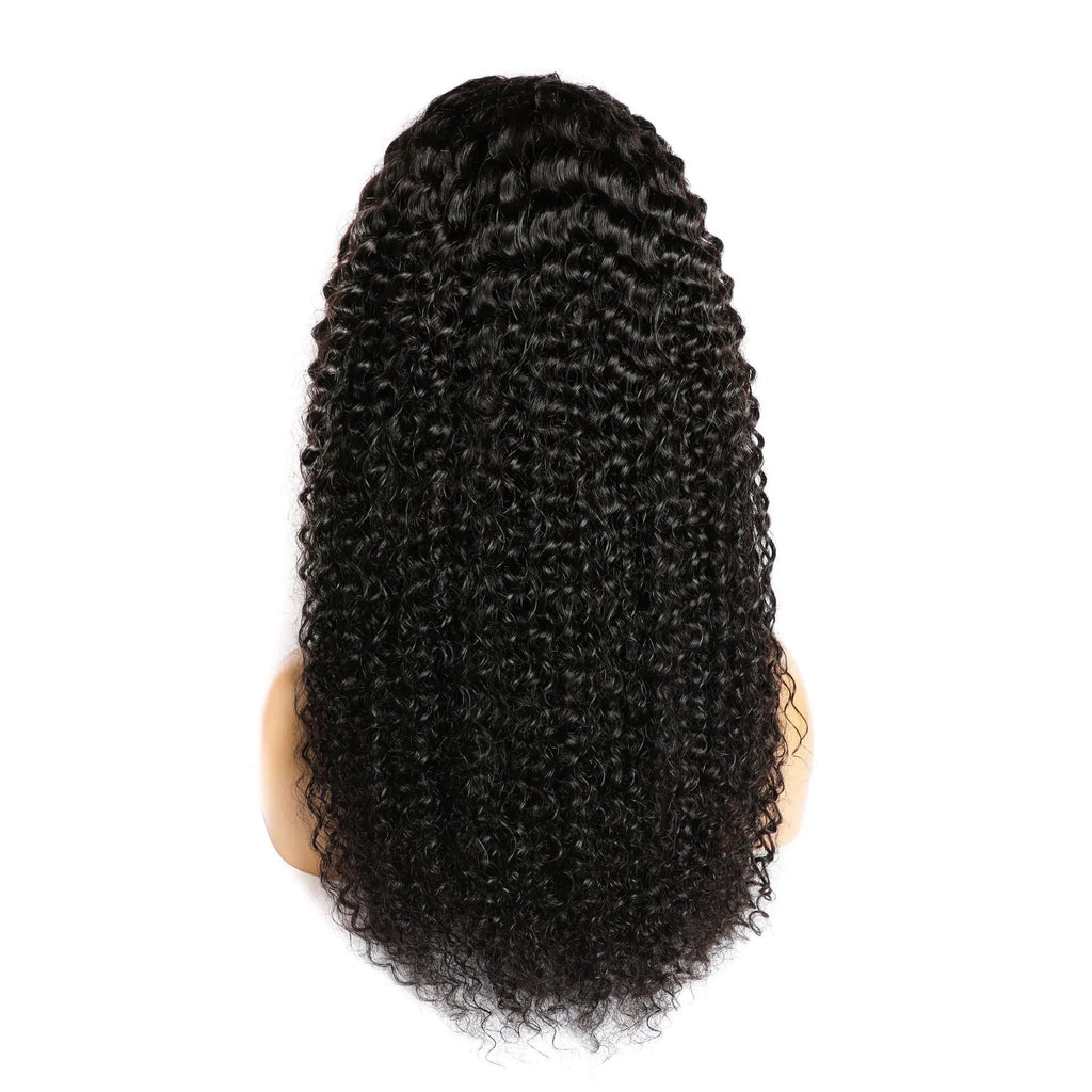 Curly human hair lace frontal wig showing 150 density hand-woven construction in various length options