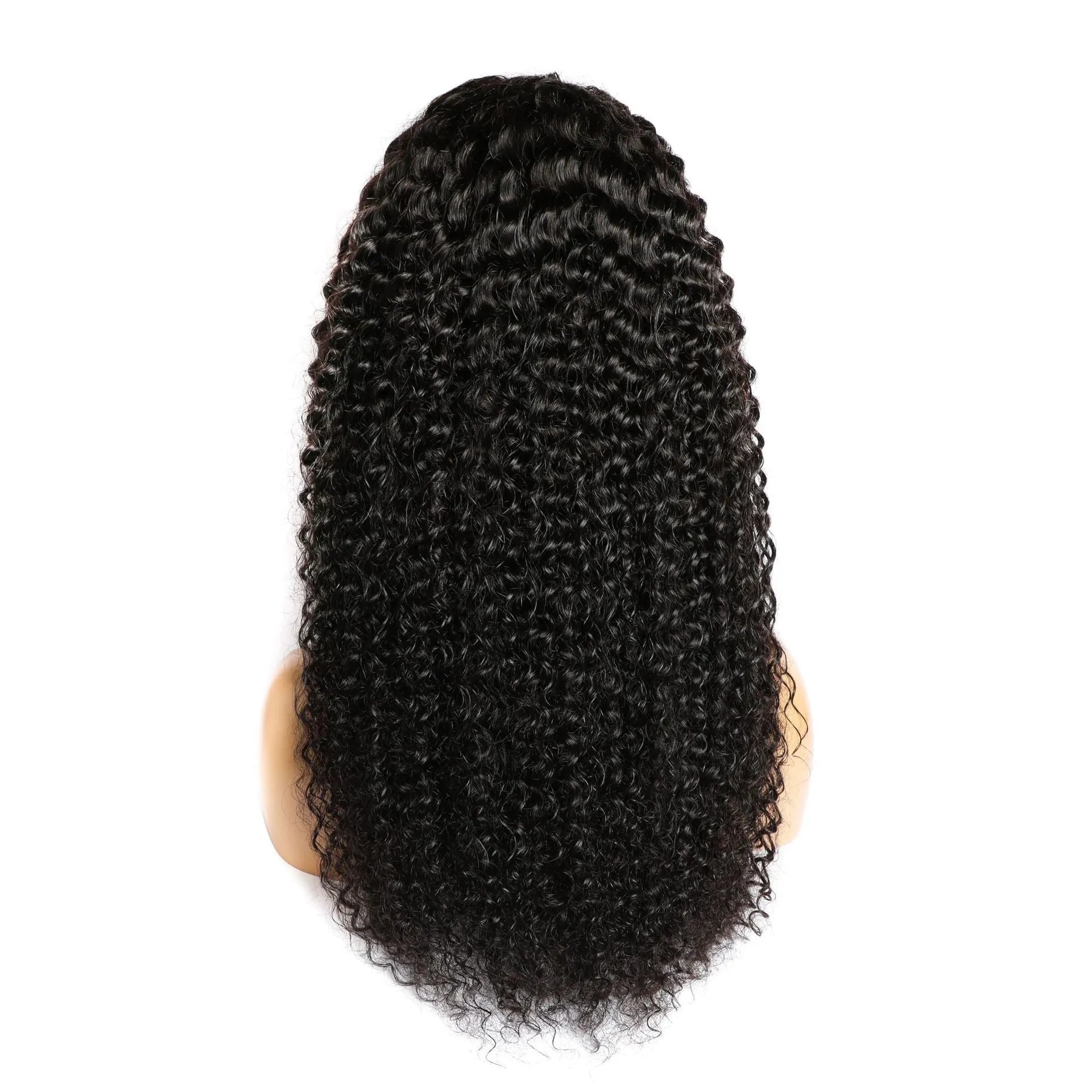 Curly human hair lace frontal wig showing 150 density hand-woven construction in various length options
