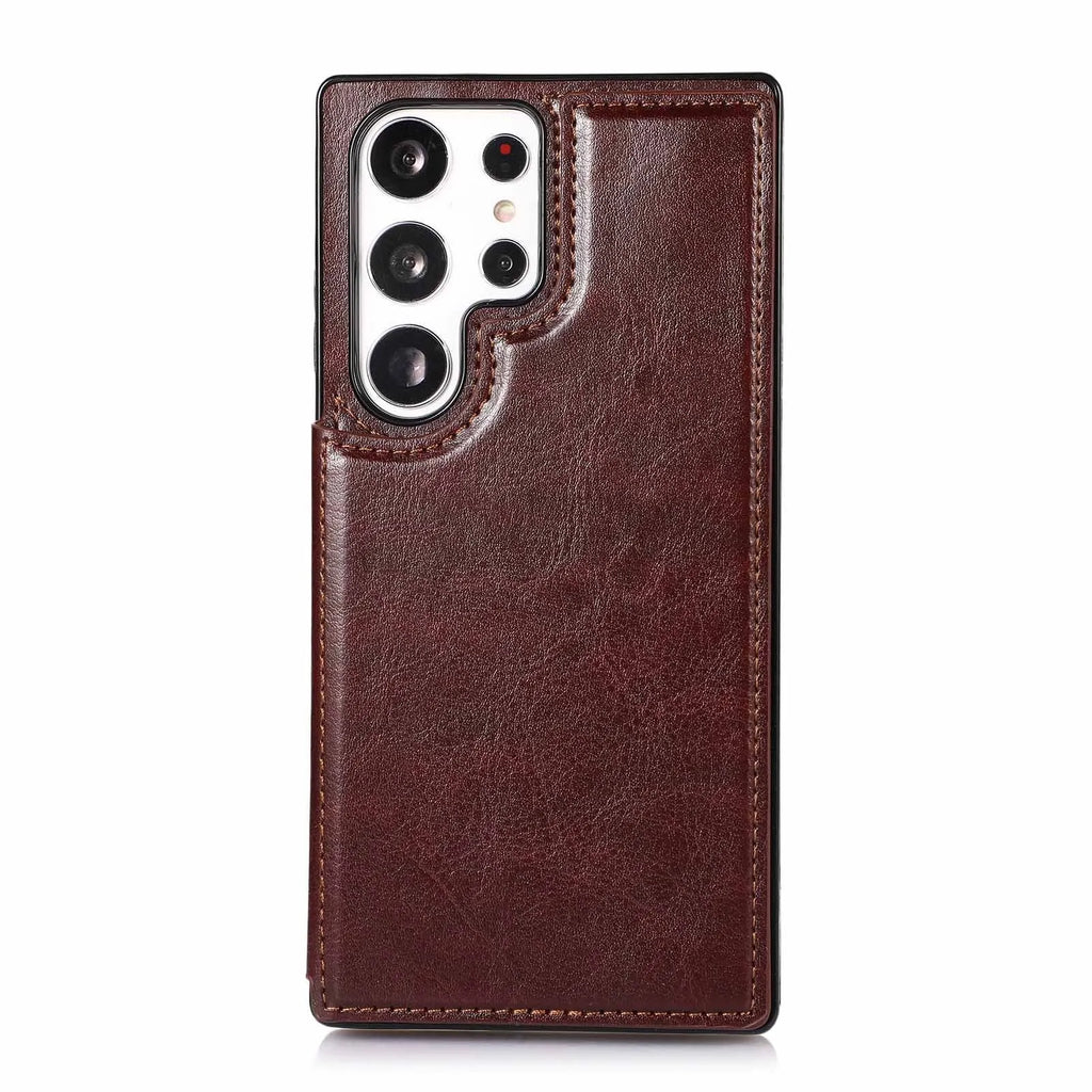 Solid colour double buckle PU leather phone case for Samsung with card slot and magnetic holder, black colour