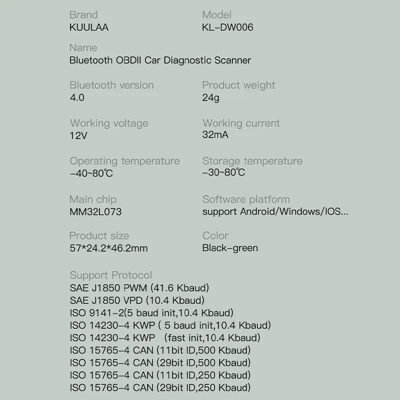 Green plastic Bluetooth OBD auto fault detector with OBDII connector and user manual