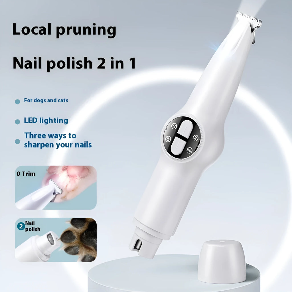 White two-in-one rechargeable pet foot and nail trimmer with Type-C cable, maintenance oil, cleaning brush and grinding head