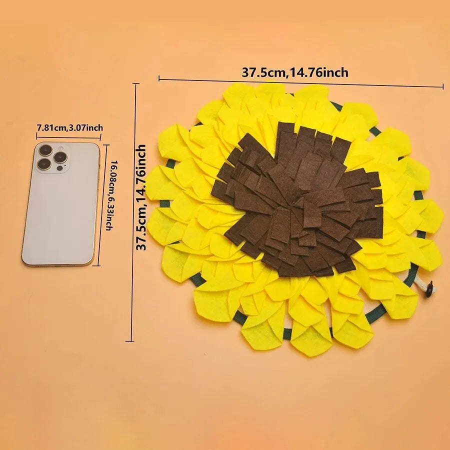 Yellow sunflower-shaped dog snuffle mat for slow feeding and nosework training