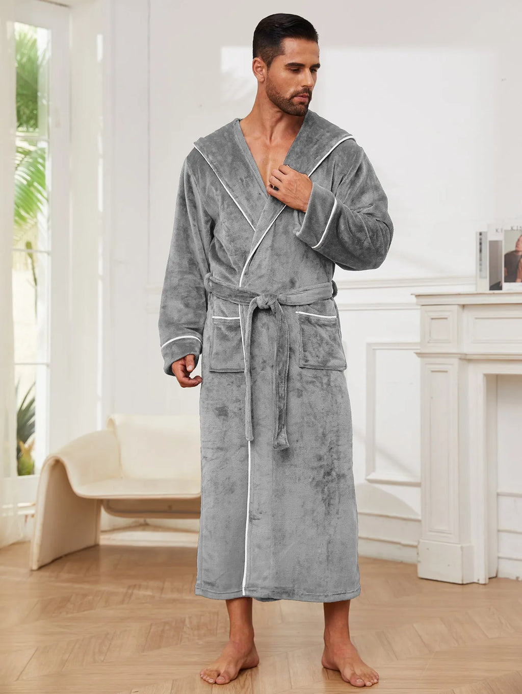 Men's grey polyester flannel bathrobe in European style, shown on a hanger.