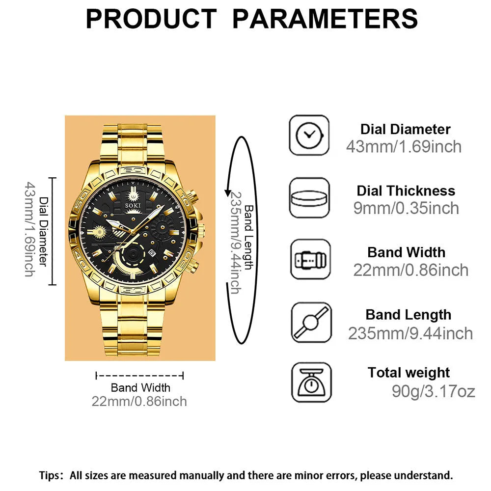 Gold men's steel business calendar quartz watch with stainless steel bracelet.