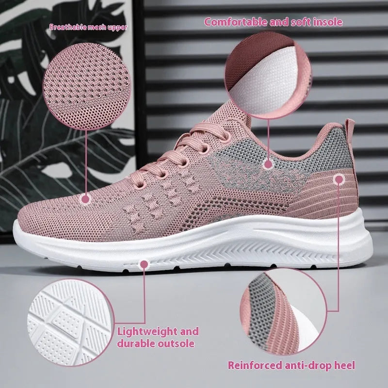 Women's black mesh sneakers with round toe and lace-up front, showing breathable construction and soft PVC sole