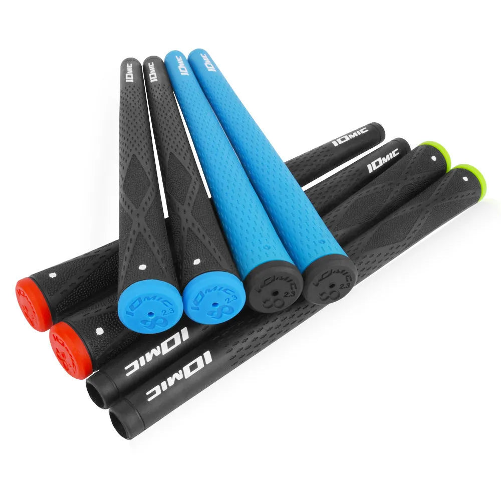 TPE golf club grip in assorted colours including pink, red, and black with blue head on a golf club.