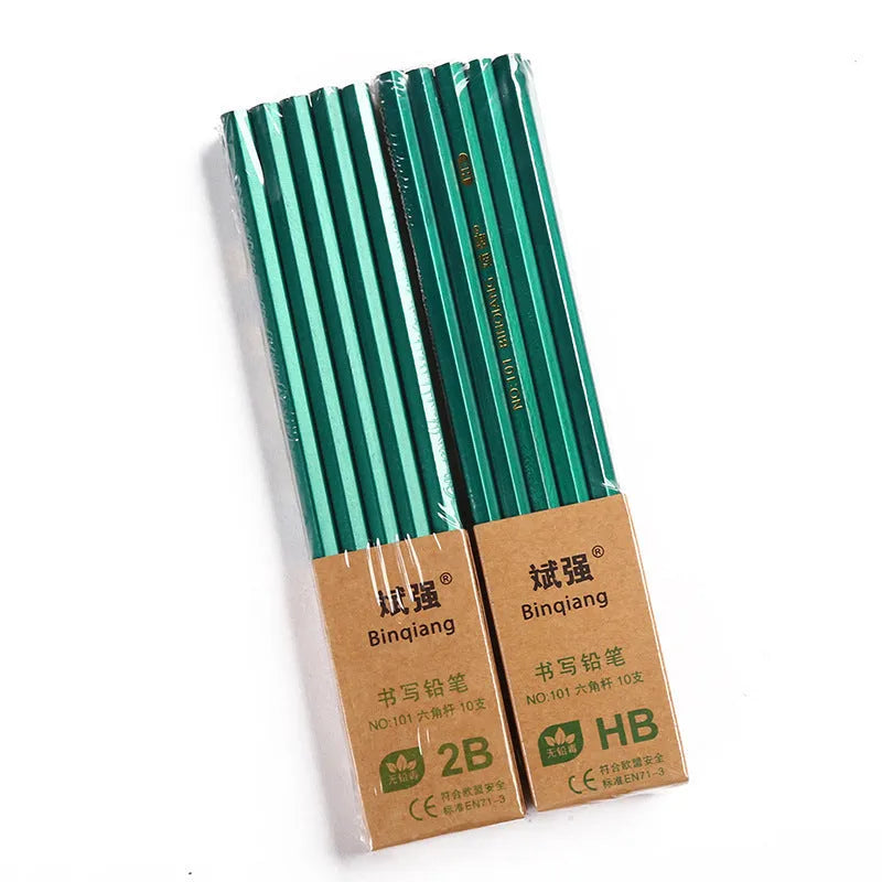 Green Rod box of ten wooden HB and 2B pencils with six-angle shape.