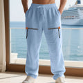 Men's linen blend straight leg casual trousers in solid colour with drawstring waist