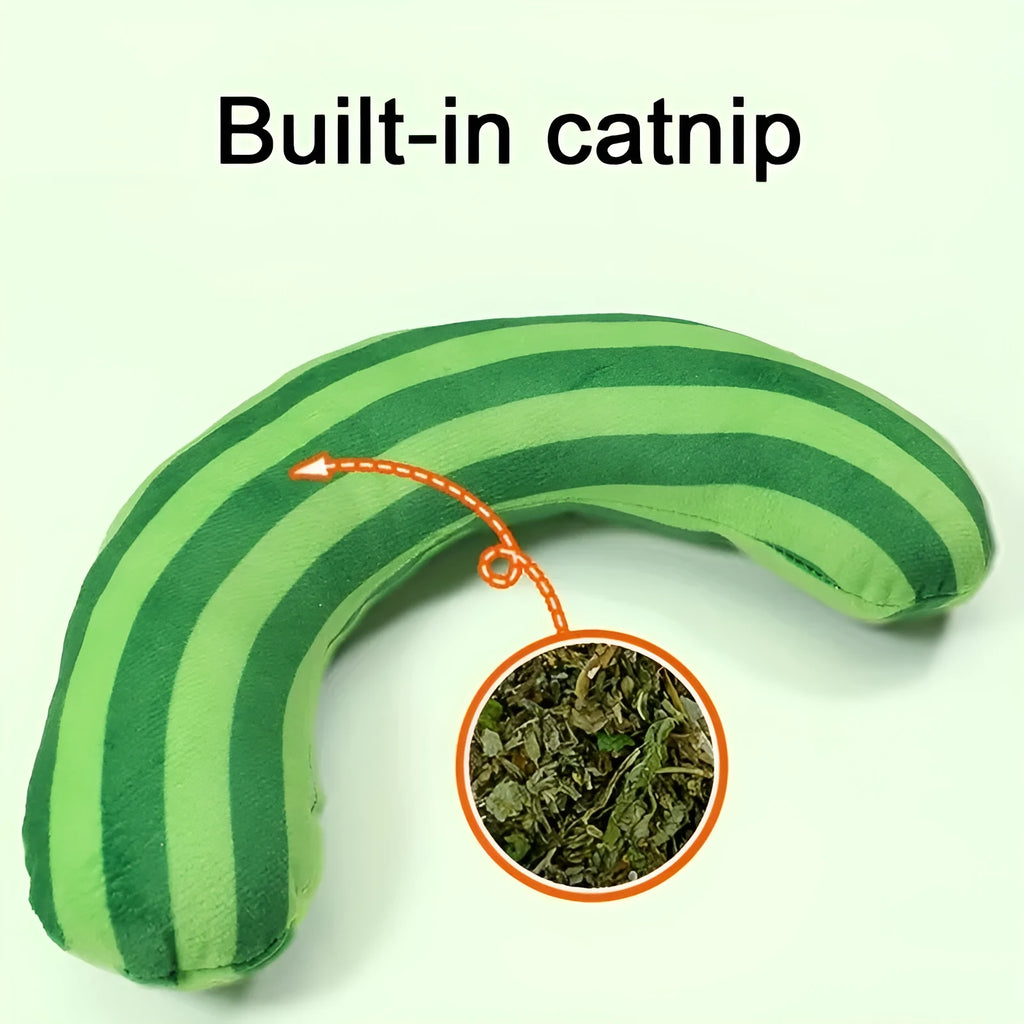 Striped pattern cat pillow toy with noise maker and catnip strip measuring 23 by 20 centimetres