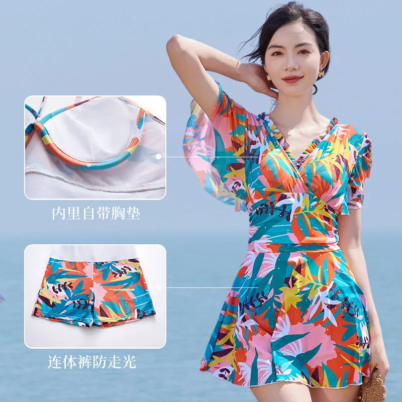 Women's floral print one-piece swimsuit with belly control panel