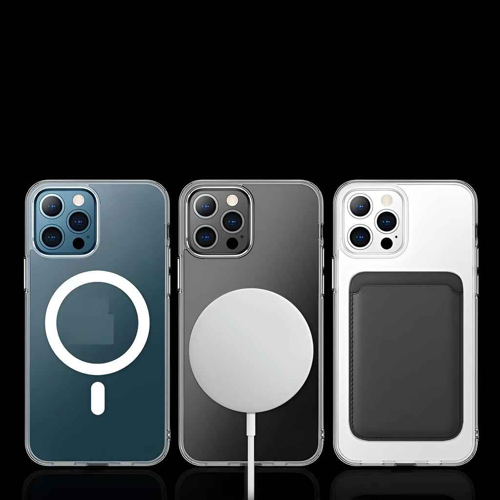 Full transparent magnetic back cover case for iPhone on a table, showing clear design and MagSafe ring.