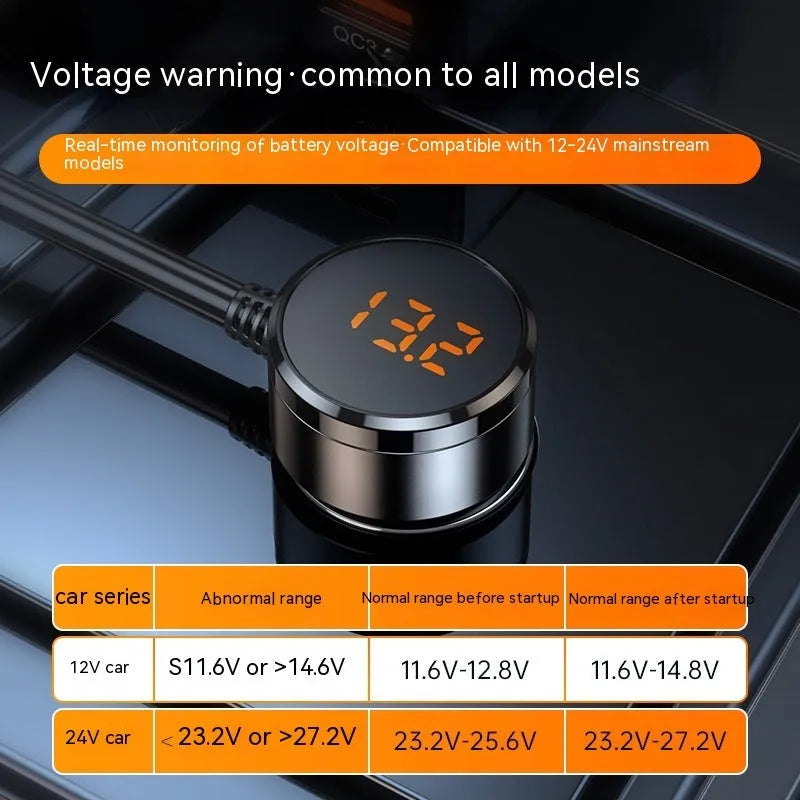 Black vehicle cigarette lighter USB charger with PD and QC3.0 ports for 12V-24V car systems