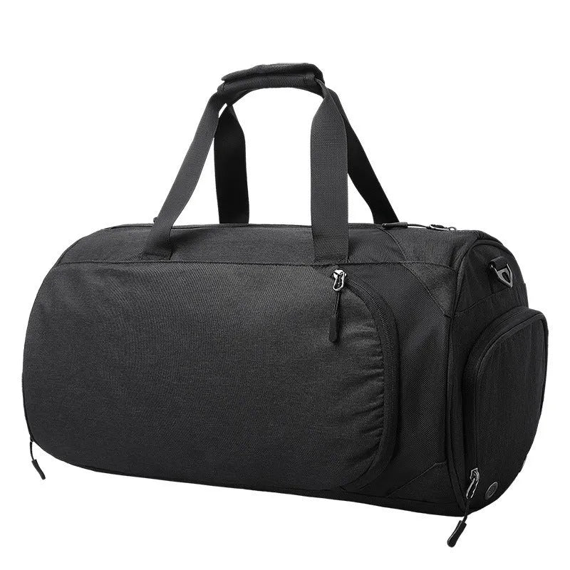 Medium oval travel bag in light grey with internal wet-dry separation and multiple organisation pockets.