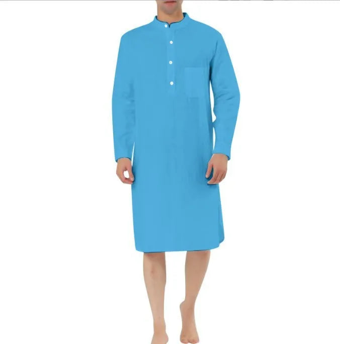 Men's cotton shirt-style robe with pockets shown in various colours including light blue and dark grey