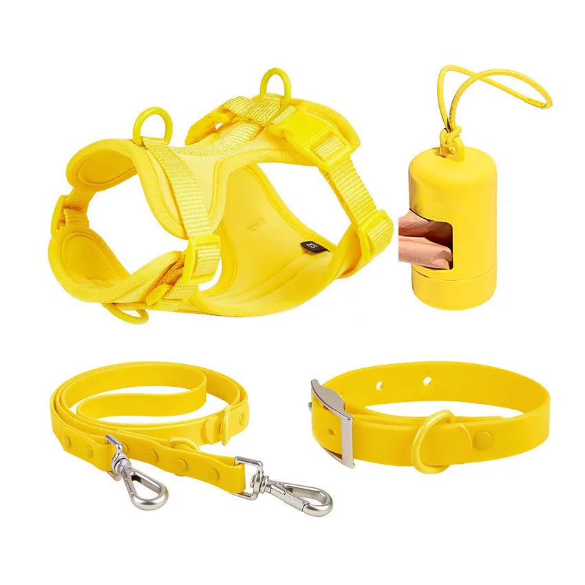 Dog tactical chest back collar set in PVC material with traction rope and harness, available in multiple colours