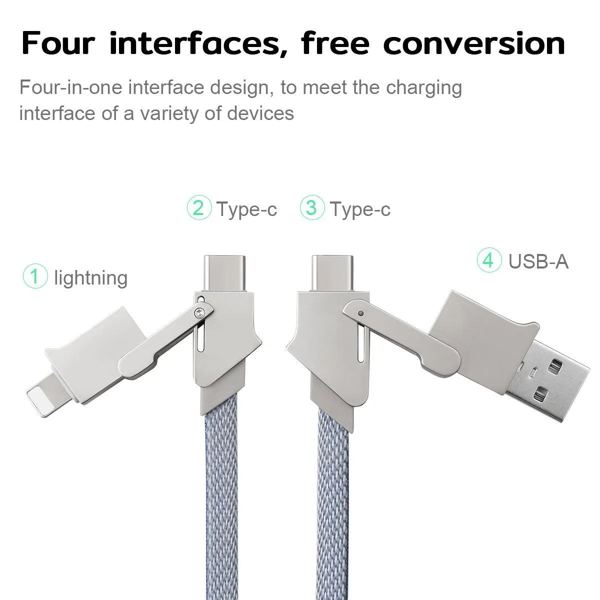 120W six-in-one fast charge data cable in black with zinc alloy connectors for PD27W charging on white background