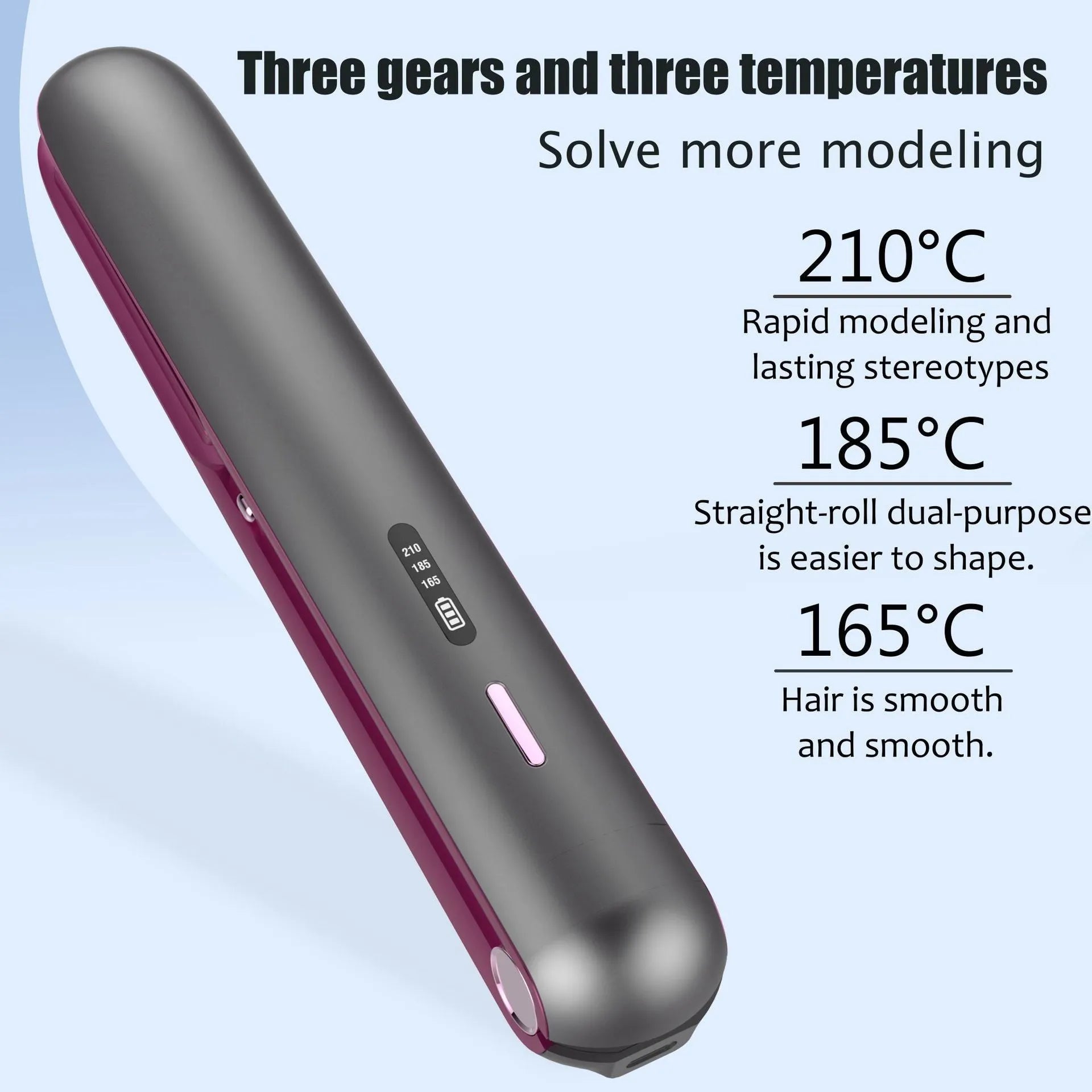 Moon shadow grey wireless hair straightener with tourmaline ceramic plates and temperature control dial