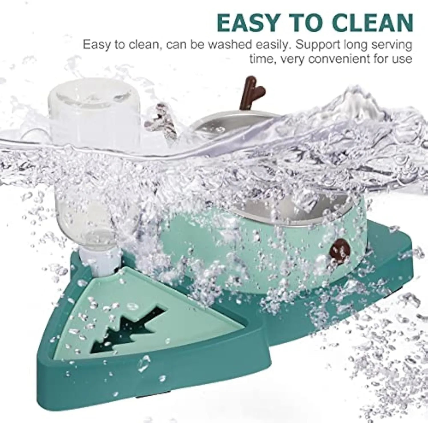 Green pet slow feeder bowl with stainless steel insert and detachable water tray on floor