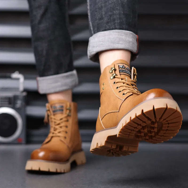 Men's brown high-top leather boots with a side zipper and mid heel.