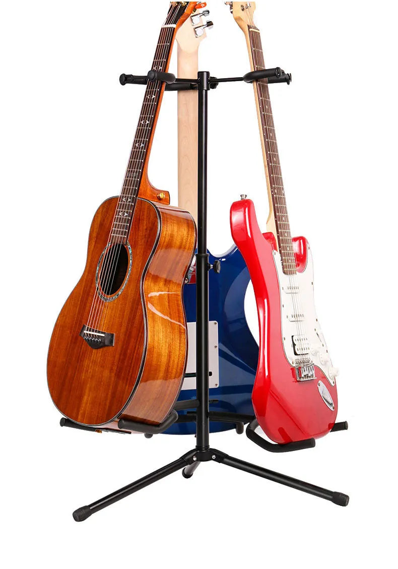 Black iron vertical double-headed guitar stand for acoustic or electric instruments