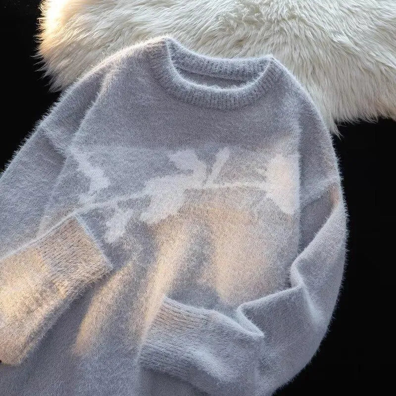 Men's dark grey sweater with a large white flocking horse pattern on the chest.