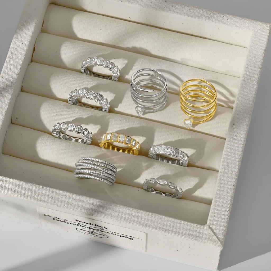 S925 sterling silver women's ring with heart geometric design in platinum colour option, available in sizes No 6 to No 9