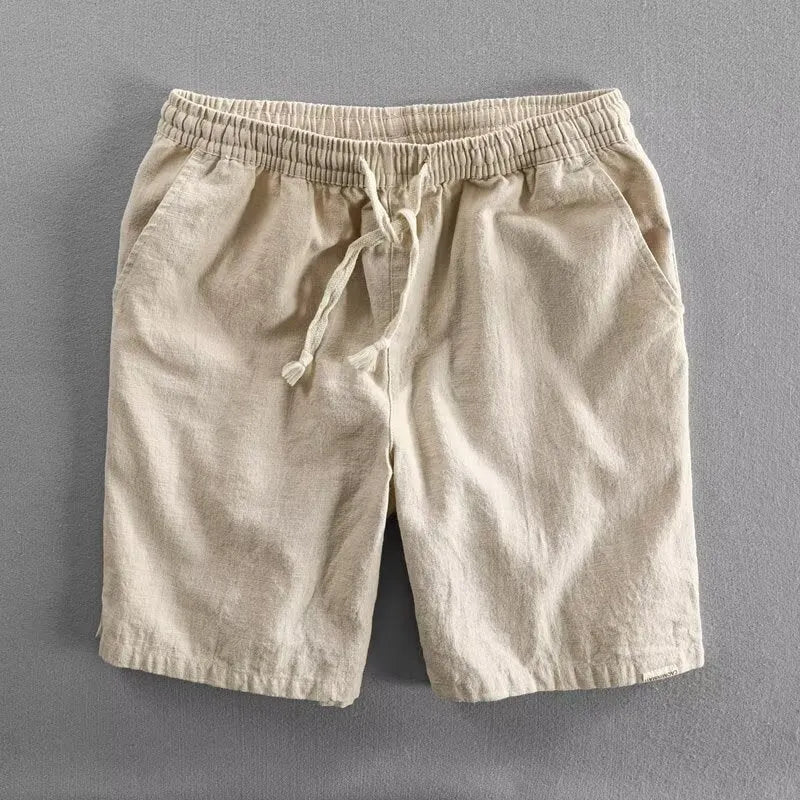 Cotton linen ramie blend casual shorts with straight-leg cut and fifth pants length in multiple colours