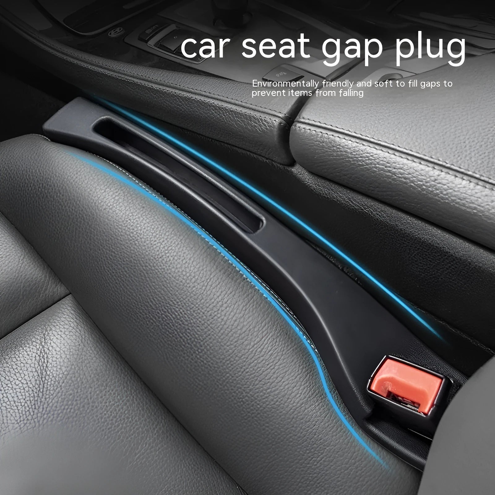 Black plastic car seat gap storage organiser box with handle inserted between vehicle seats