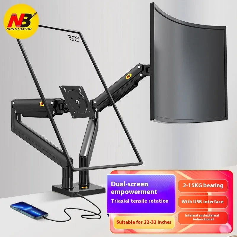Aluminium dual monitor desk stand holding two screens, with mechanical adjustment arms.
