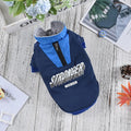 Red and blue V-neck thick cotton dog coat for pets on a size chart background