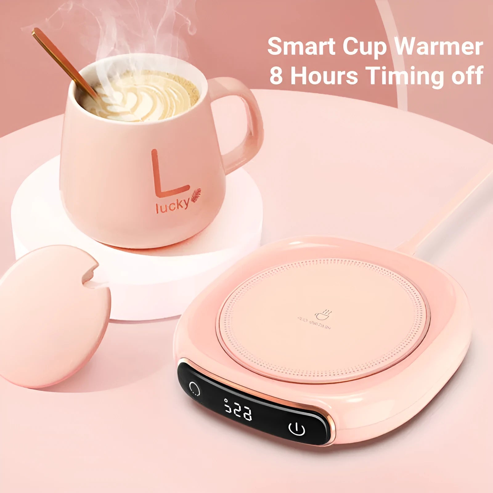 USB-powered coffee mug warmer in white on a desk with a ceramic mug
