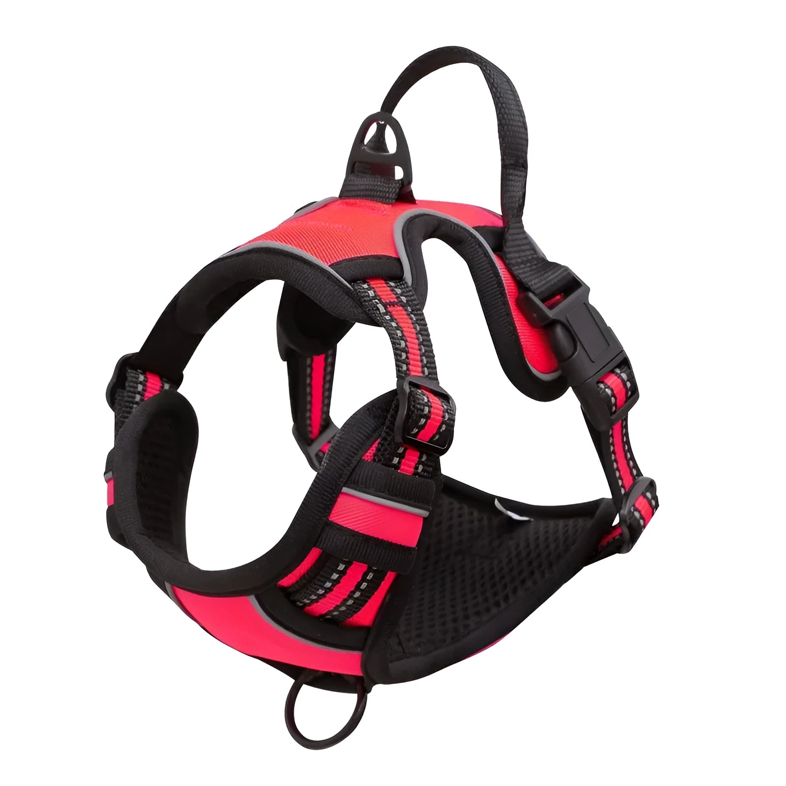 Adjustable dog chest harness in Oxford cloth, shown in multiple colours including red, blue, and black.